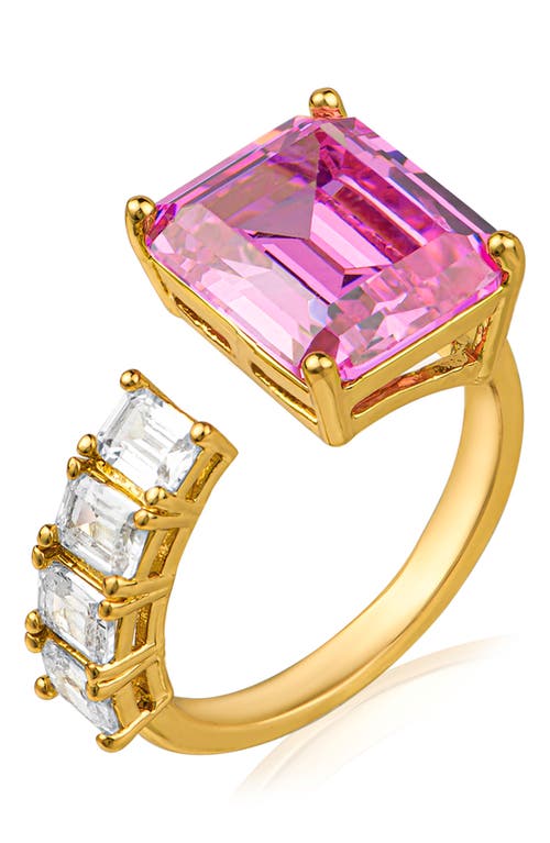 Shop Cz By Kenneth Jay Lane Emerald Cut Pink Cz & White Cz Open Band Ring In Pink/gold