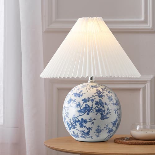 Jonathan Y Shishen Cottage Classic Chinoiserie Ceramic Orb Led Table Lamp With Pleated Shade In White/blue