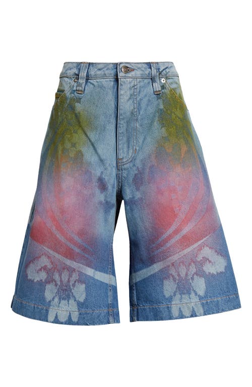 Printed Denim Bermuda Shorts in Blue Denim /Rainbow