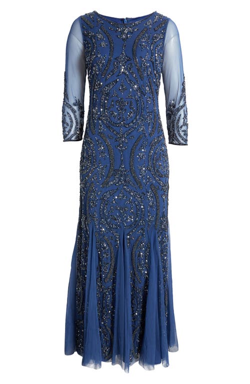 Shop Pisarro Nights Sequin Beaded Illusion Mesh Three-quarter Sleeve Gown In Denim