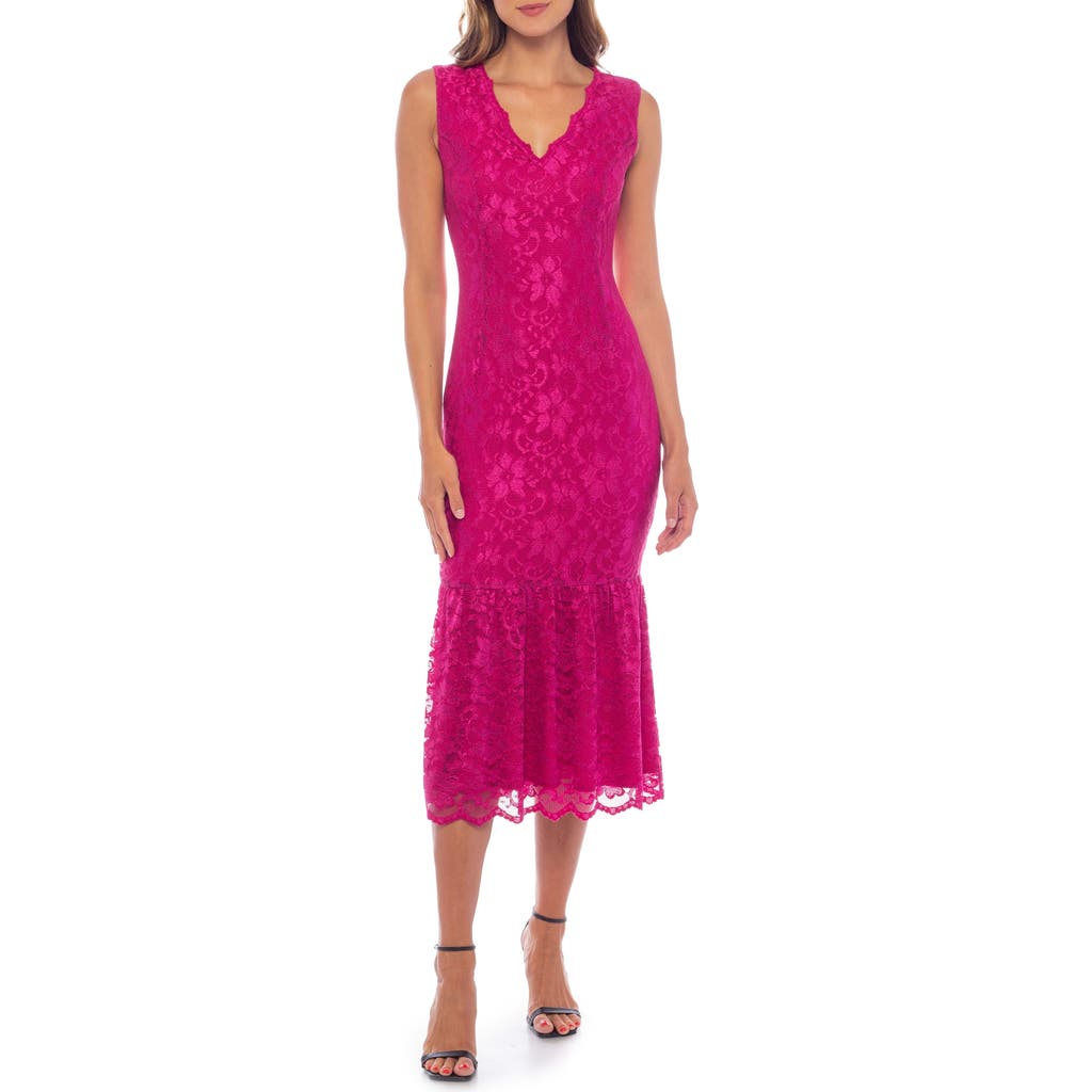 Marina Scallop Lace Sleeveless Midi Dress In Fuchsia
