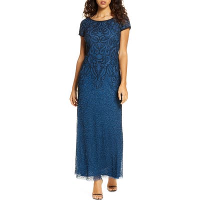 Pisarro Nights Embroidered Mesh Gown, Blue