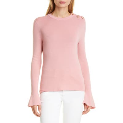 Tory Burch Bijoux Crystal Button Detail Merino Wool Sweater, Pink