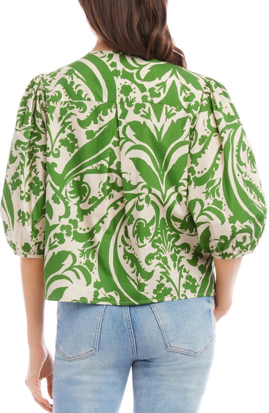 Shop Karen Kane Print Puff Sleeve Cotton Button-up Top In Green Print