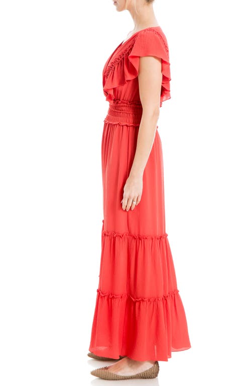 Shop Max Studio Pebble Crepe Flutter Sleeve Maxi Dress In Washed Red