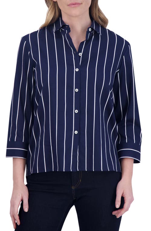 Foxcroft Kelly Stripe Button-Up Shirt Navy at Nordstrom,