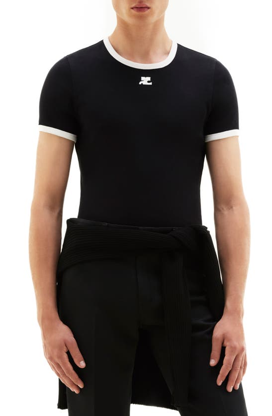 Courrèges Bumpy Embroidered Logo Ringer T-shirt In 0098 Heritage White/ Black