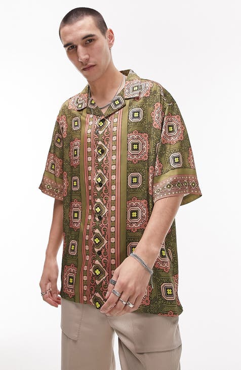 Print Short Sleeve Satin Button-Up Shirt