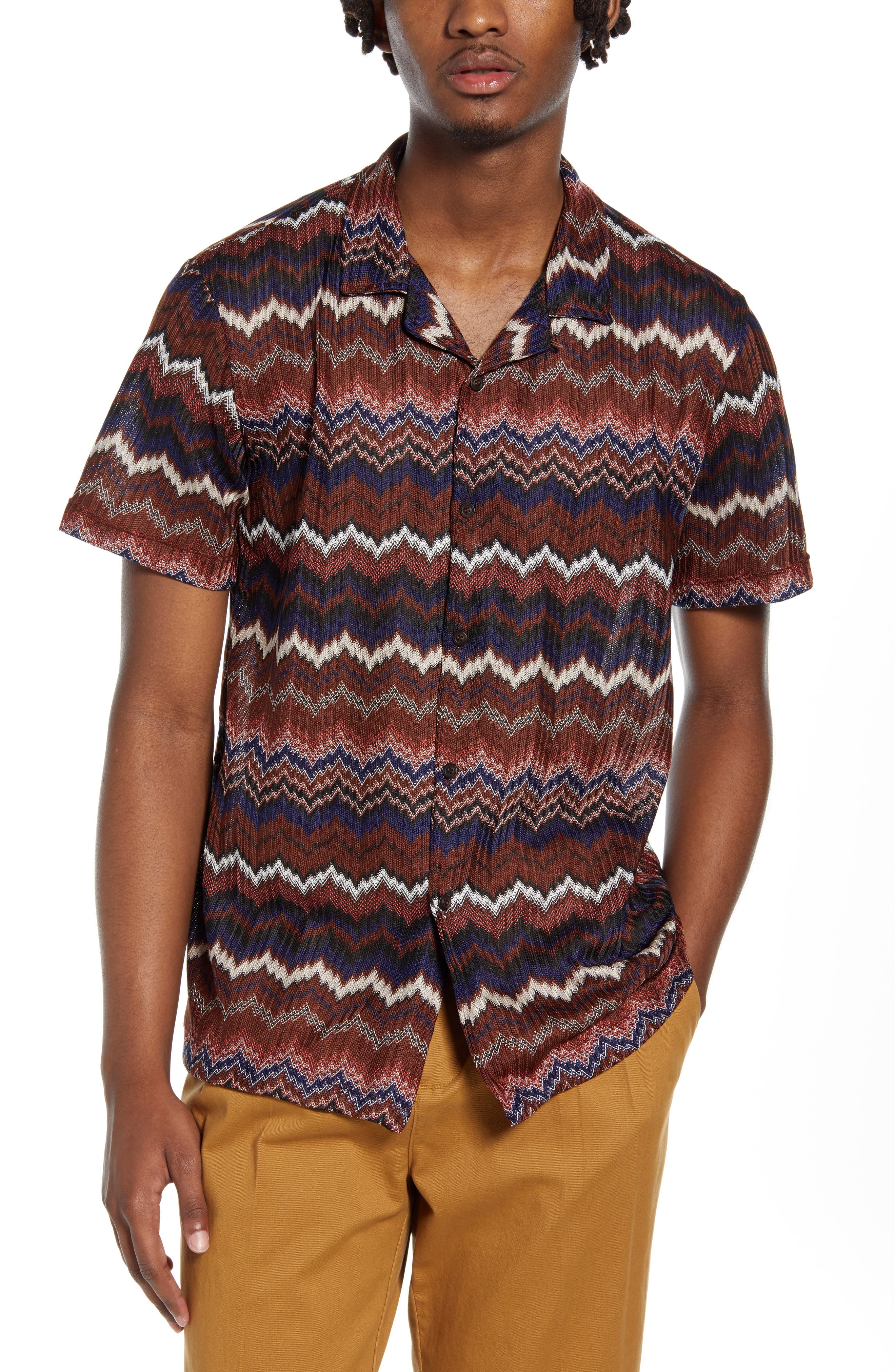 Topman Chevron Short Sleeve ButtonUp Knit Camp Shirt Nordstrom