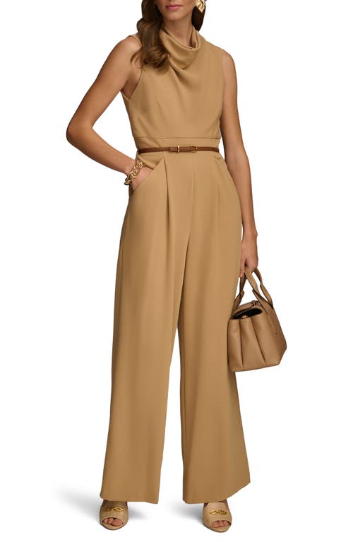 Donna Karan New York Cowl Neck Sleeveless Belted Jumpsuit in Fawn