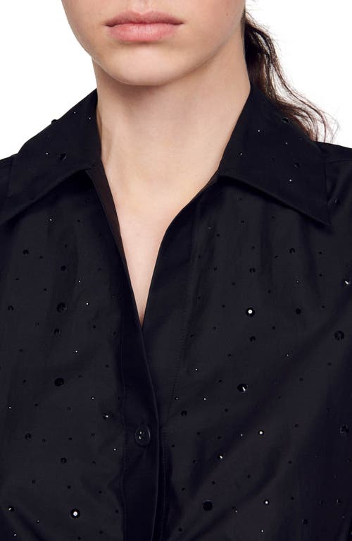 Shop Sandro Milena Rhinestone Detail Tiered Cotton Minidress In Black