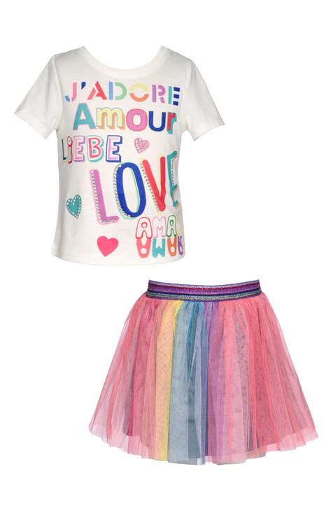 Kids' Love Graphic T-Shirt & Rainbow Tutu Skirt Set (Toddler & Little Kid)