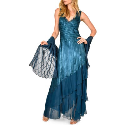 Komarov Beaded Charmeuse & Chiffon Gown With Wrap, Green