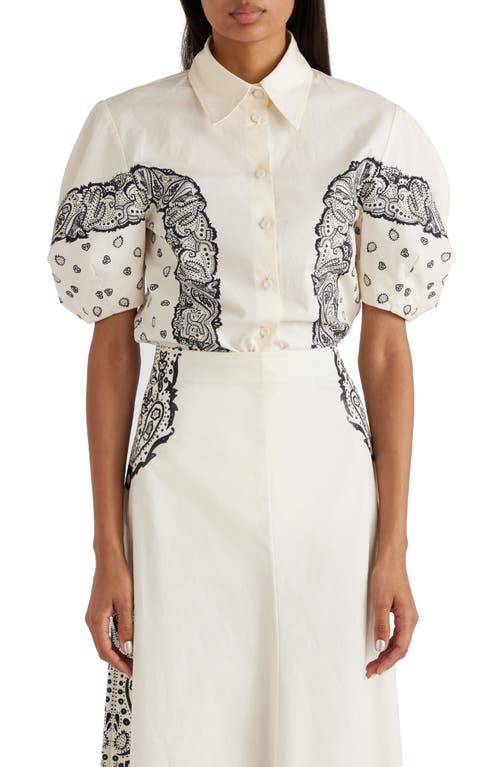 Chloé Embroidered Puff Sleeve Button-Up Shirt in Black - Ivory at Nordstrom, Size 10 Us