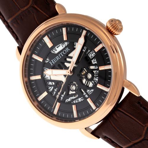 Heritor Automatic Men's Black / Rose Gold Mattias Semi-skeleton Leather-band Watch With Date - Black, Rose Gold In Rose Gold/black