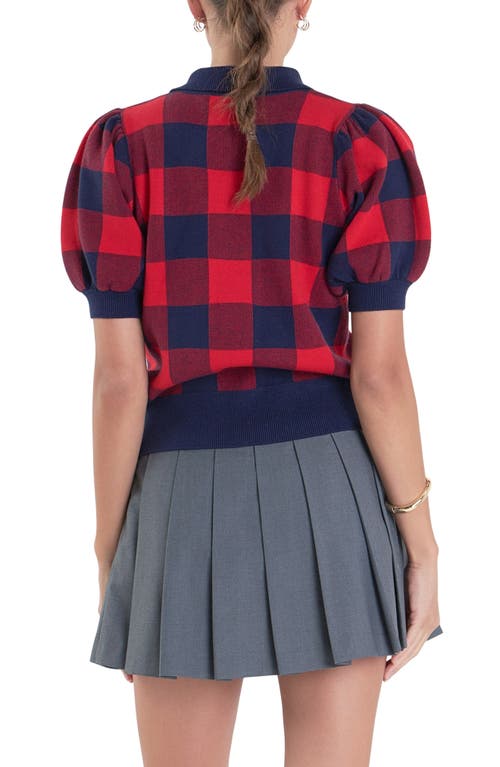 English Factory Gingham Puff Sleeve Sweater In Navy/red