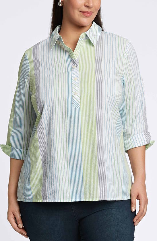 Shop Foxcroft Therese Stripe Split Back Cotton Seersucker Popover Shirt In Blue Multi