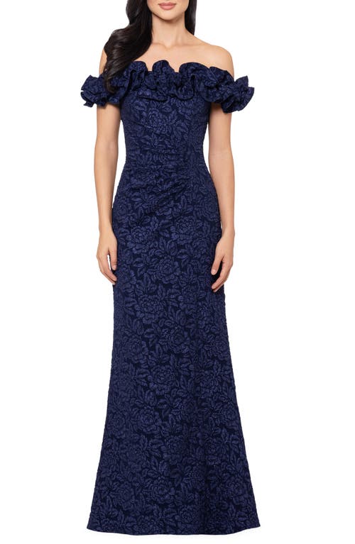 Xscape Evenings Ruffle Off the Shoulder Brocade Gown Navy at Nordstrom,