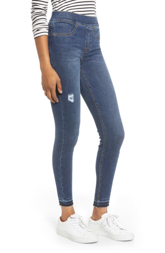 Spanx Distressed High Waist Ankle Denim Leggings In Medium Wash