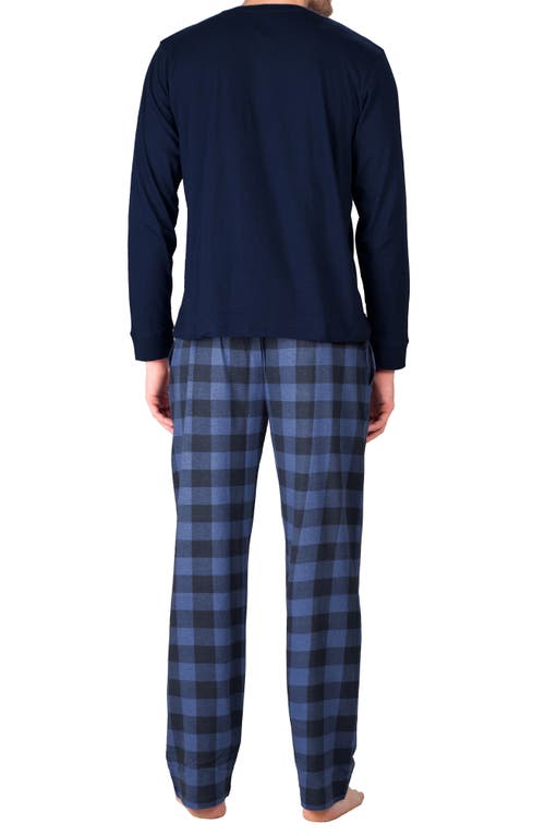 Sleephero Long Sleeve Pajama T-shirt & Buffalo Check Fleece Pajama Pants Set In Sailor Navy Buffalo Check