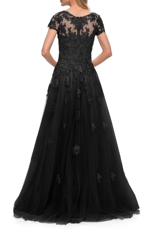 La Femme Tulle A Line Gown Lace Applique And V Neck In Black