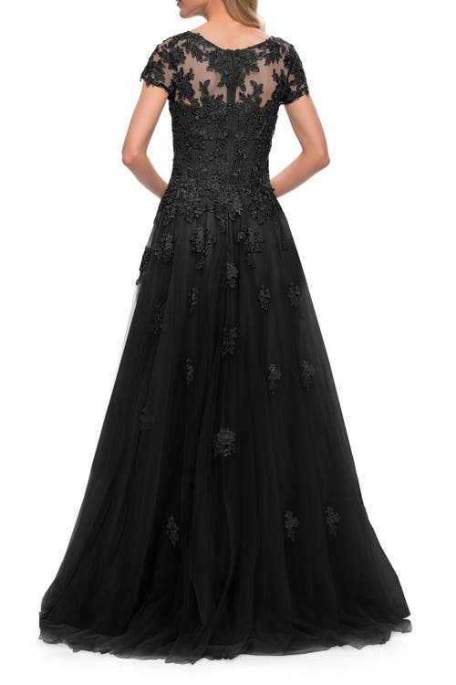 Shop La Femme Tulle A Line Gown With Lace Applique And V Neck In Black