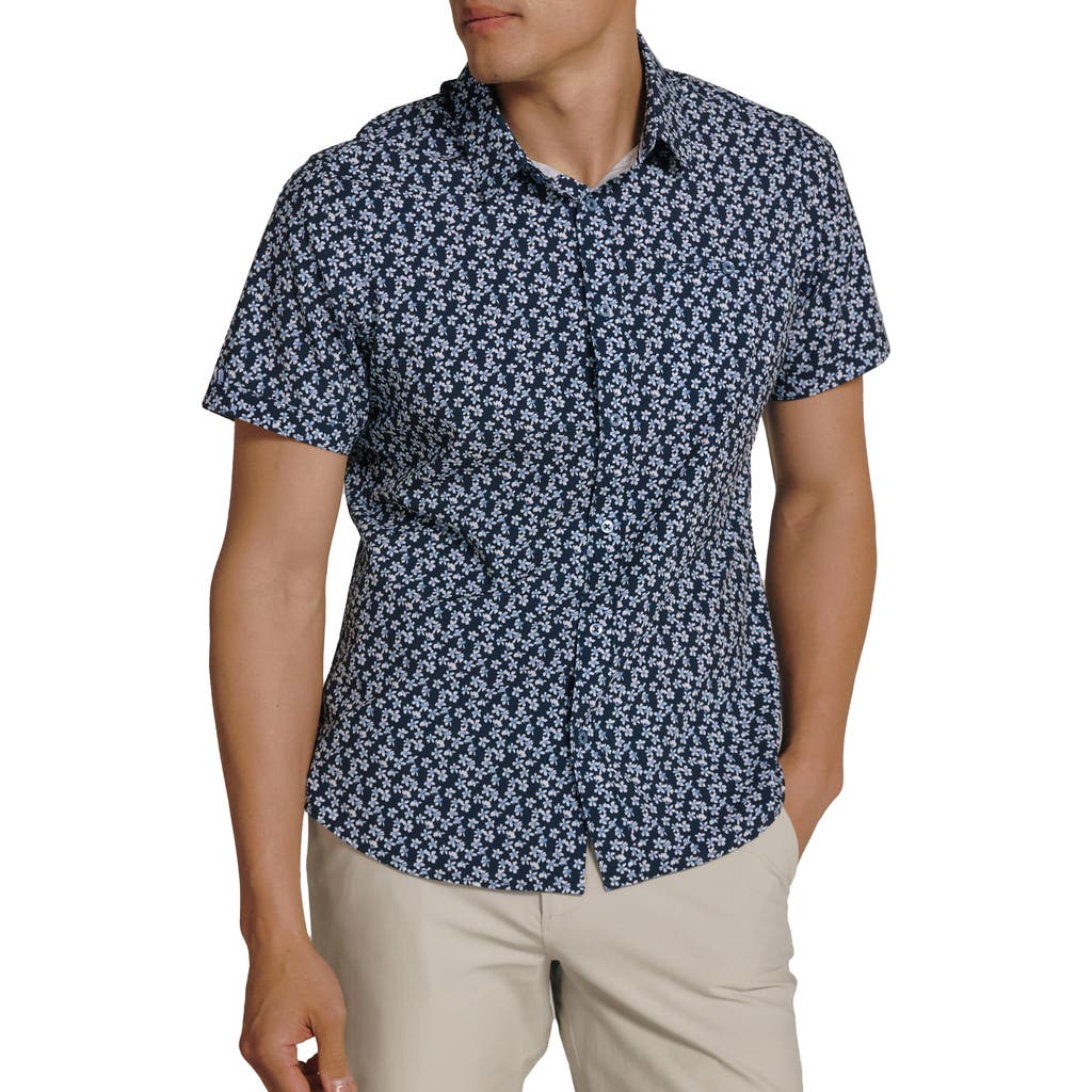 7 Diamonds Bowen Floral Short Sleeve Performance Button-Up Shirt in Navy