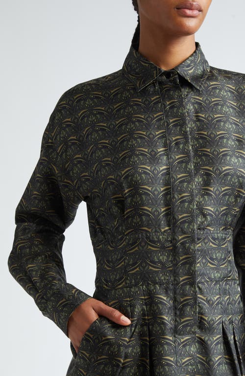 Max Mara Panfilo Print Long Sleeve Silk Twill Shirtdress In Dark Green