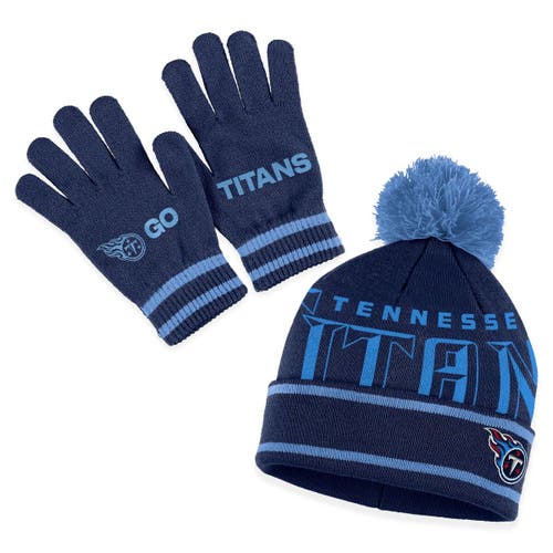 Women's WEAR by Erin Andrews Navy Tennessee Titans Double Jacquard Cuffed Knit Hat with Pom and Gloves Set
