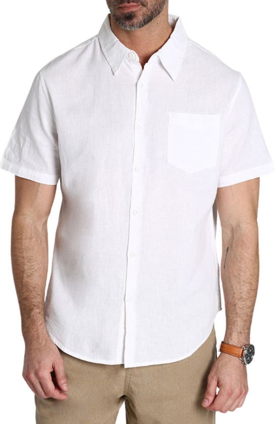 Shop Jachs Solid Short Sleeve Cotton & Linen Button-up Shirt In White