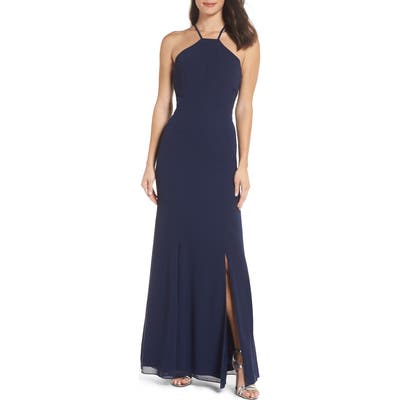 Chi Chi London Lace Back Halter Gown, Blue