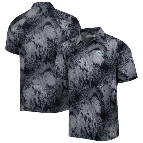 Men's Tommy Bahama Black Miami Dolphins Coast Luminescent Fronds Camp IslandZone Button-Up Shirt