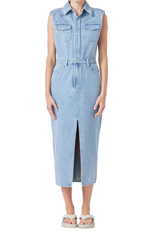 Shop Grey Lab Power Shoulder Sleeveless Denim Shirtdress In Blue