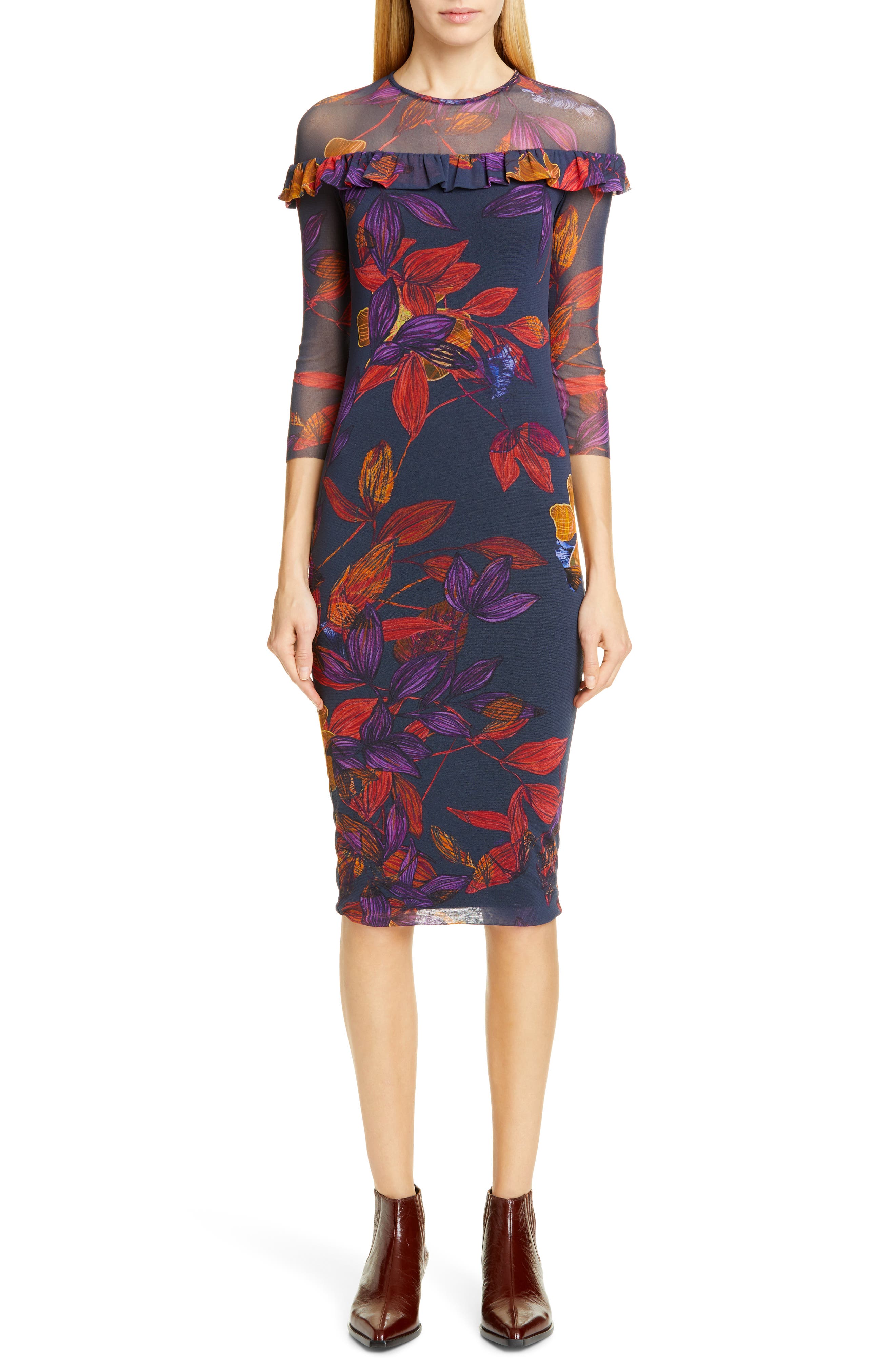 Fuzzi Floral Ruffle Trim Sheer Sleeve Dress, Black