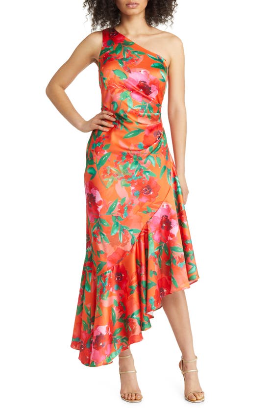 Eliza J Floral One Shoulder Ruffle Cocktail Dress In Coral | ModeSens