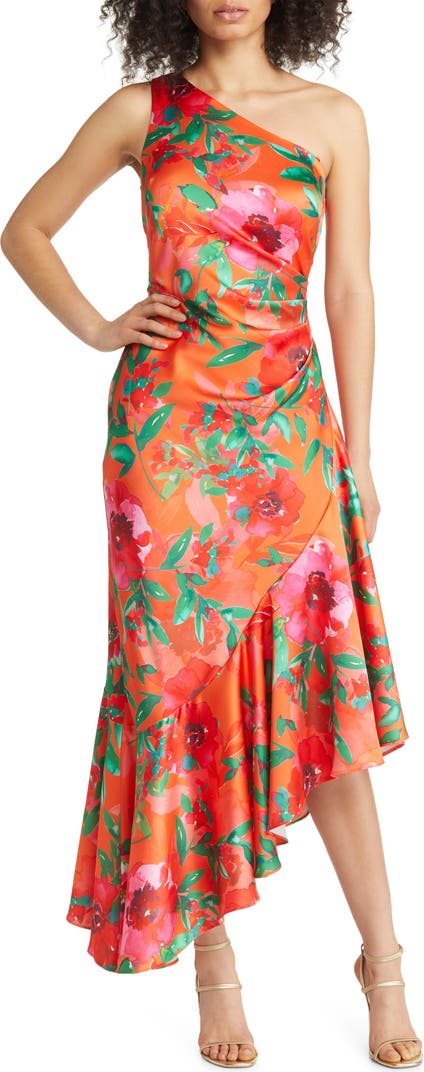 Floral One Shoulder Ruffle Cocktail Dress