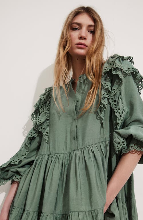 Shop & Other Stories Eyelet Ruffle Long Sleeve Mini Shirtdress In Khaki Green Medium