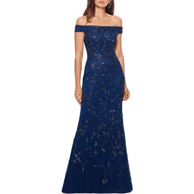 Xscape Off The Shoulder Beaded Lace Gown, Blue