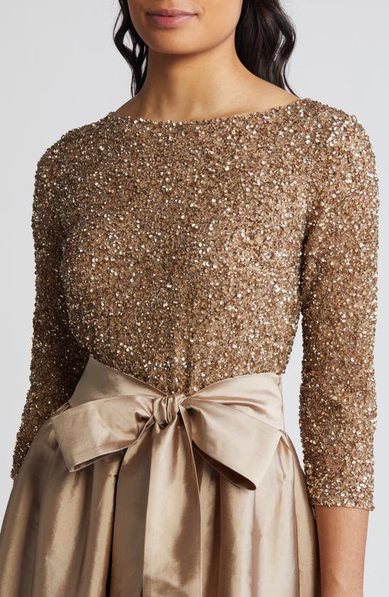 Pisarro Nights Beaded Bodice Taffeta A-line Gown In Light Mocha