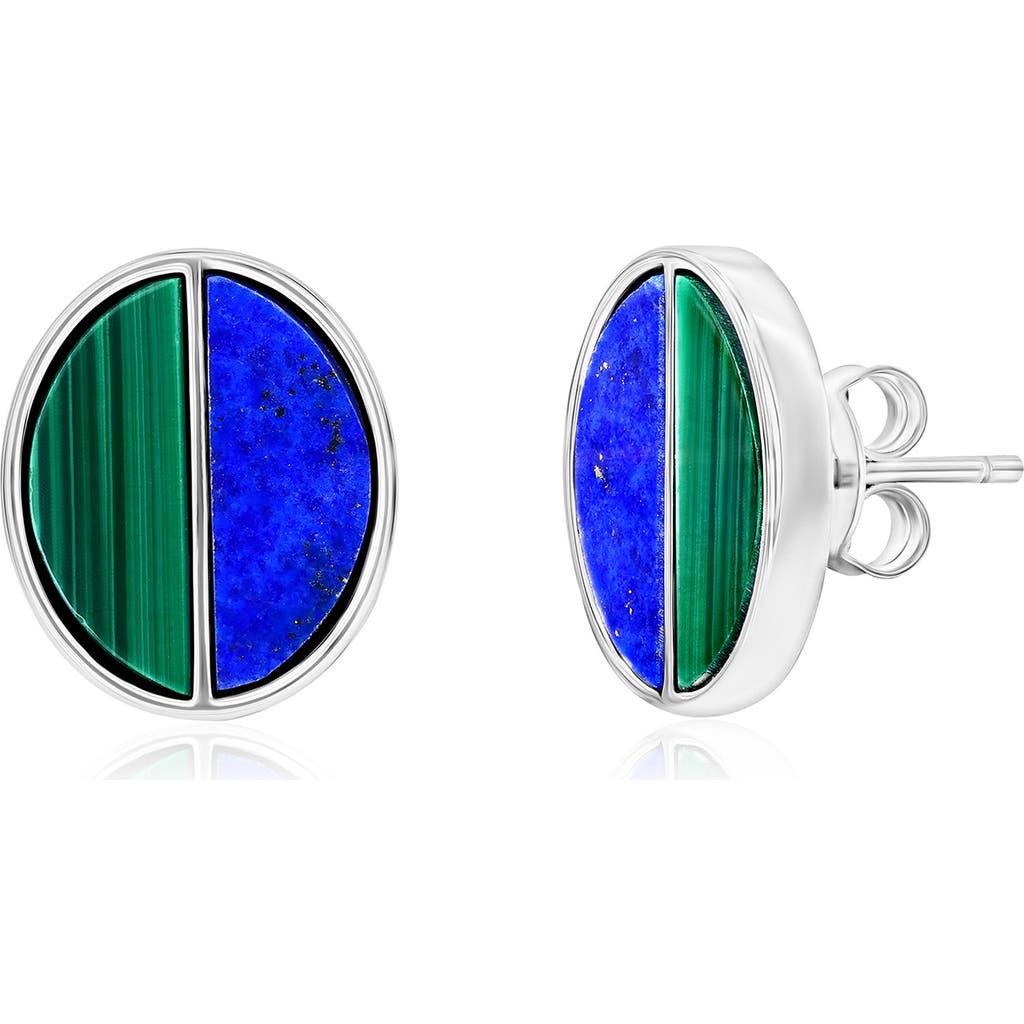 Simona Sterling Silver Malachite & Lapis Lazuli Oval Stud Earrings In Malachite Lapis