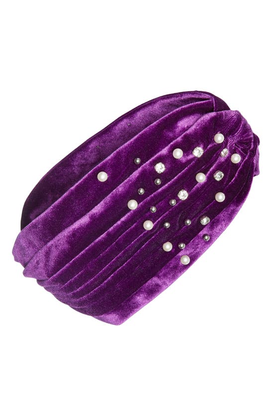 Tasha Imitation Pearl & Crystal Velvet Head Wrap In Purple