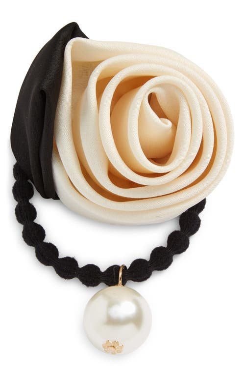 Rose & Imitation Pearl Ponytail Holder in Ivory