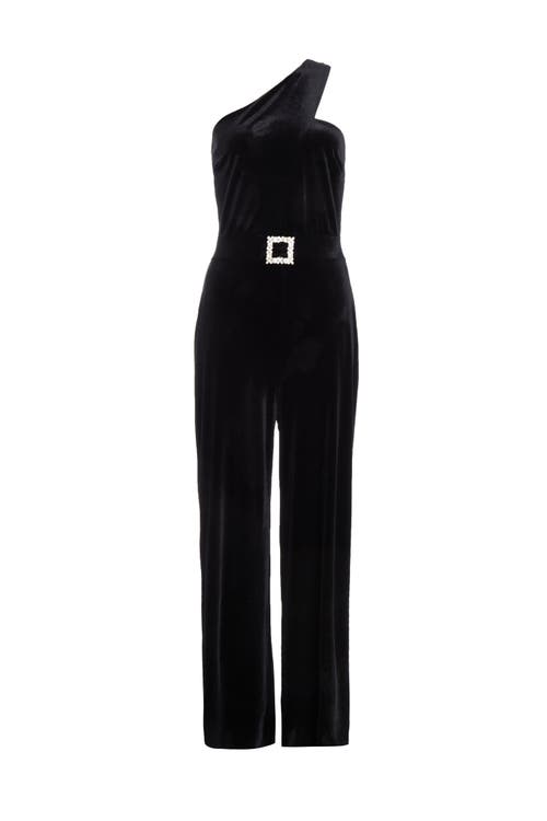 Quiz Velvet Jumpsuit With Embellished Buckle In Black
