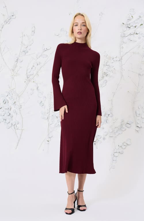 Shop Luxely Long Sleeve Rib Midi Sweater Dress In Wine Tasting