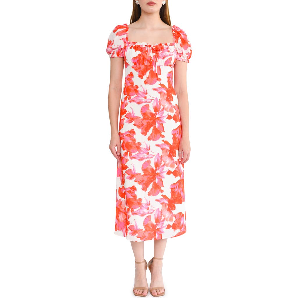 Wayf Felicity Floral Print Midi Dress In Coral/pink Hibiscus