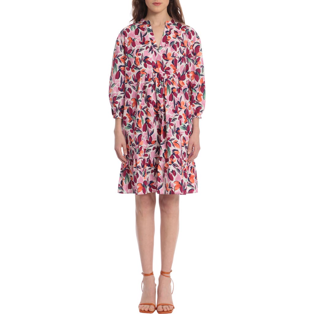Shop Donna Morgan For Maggy Floral Long Sleeve Stretch Cotton Dress In Soft White/orange