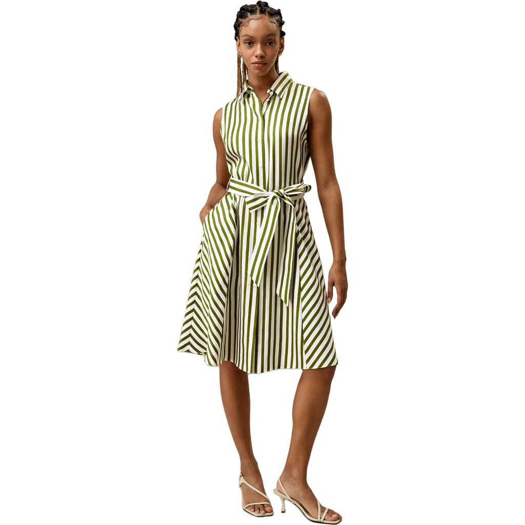 Shop Lilysilk Silk Striped Sleeveless Dress In Green-white Pinstripe