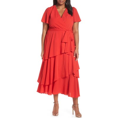 Plus Size Tahari Tiered Faux Wrap Crepe Dress, Red