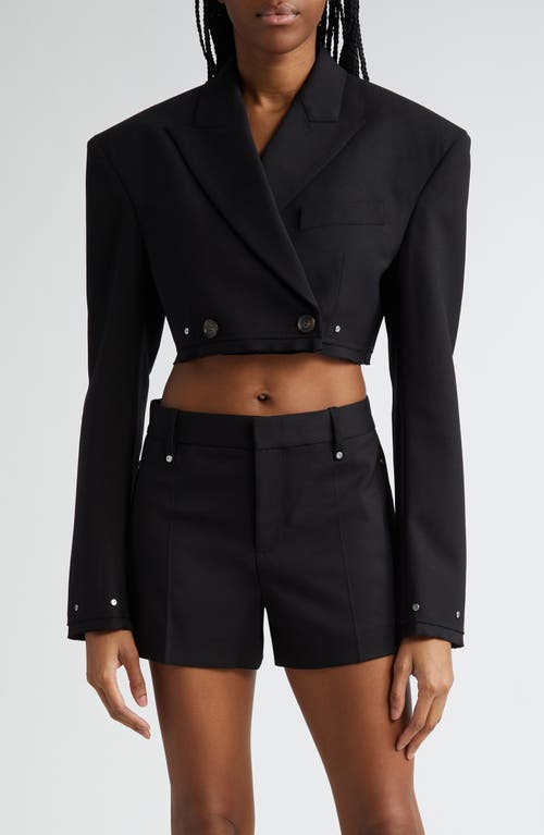 Oversize Double Breasted Stretch Wool Crop Blazer in Black