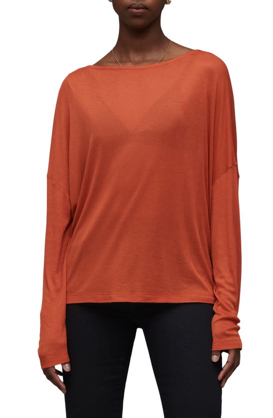 Allsaints Francesco Rita Long Sleeve Jersey Top In Rust Brown